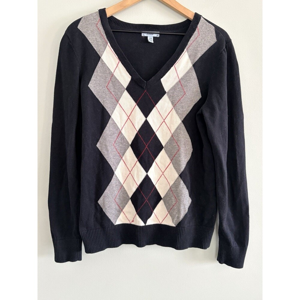 Izod Women's Argyle Sweater Black Gray White Size Large Long Sleeve Pullover